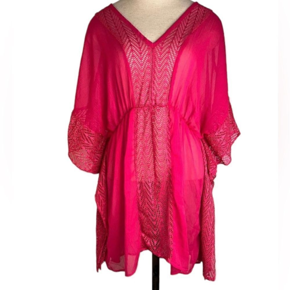 Miken Swim Pink Vneck Boho Beachy Open Back Lightweight Swim Coverup Womens L